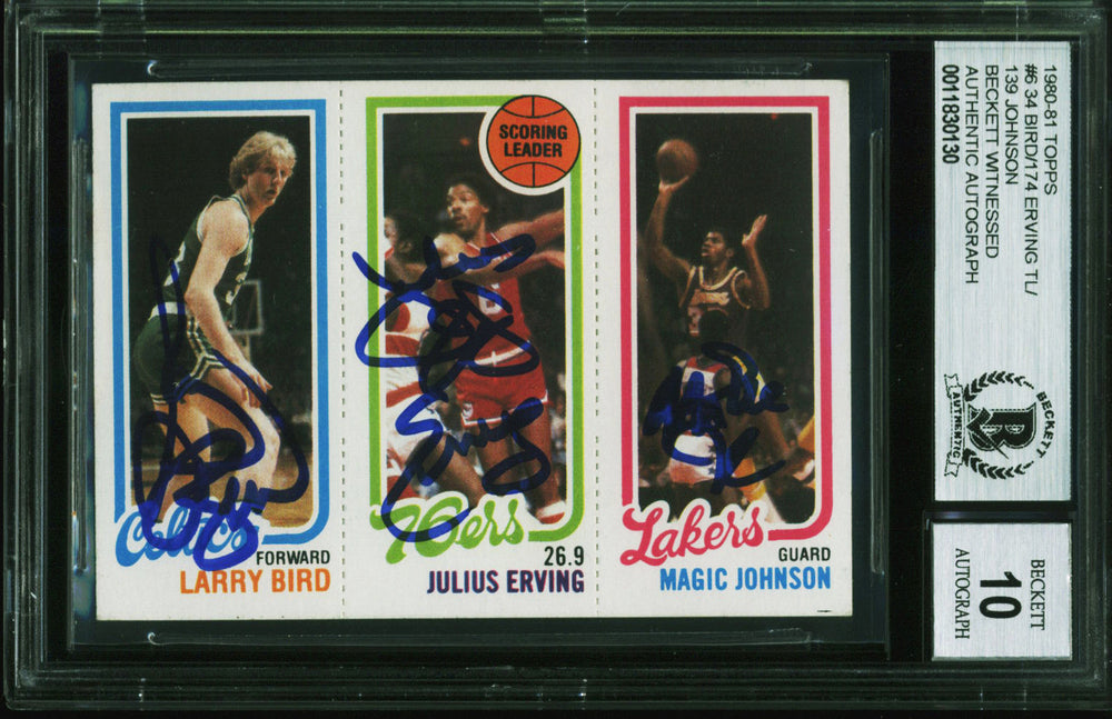 Bird, Erving & Magic Signed 1980 Topps Rookie Card Autos Graded 10! BAS Slab 2