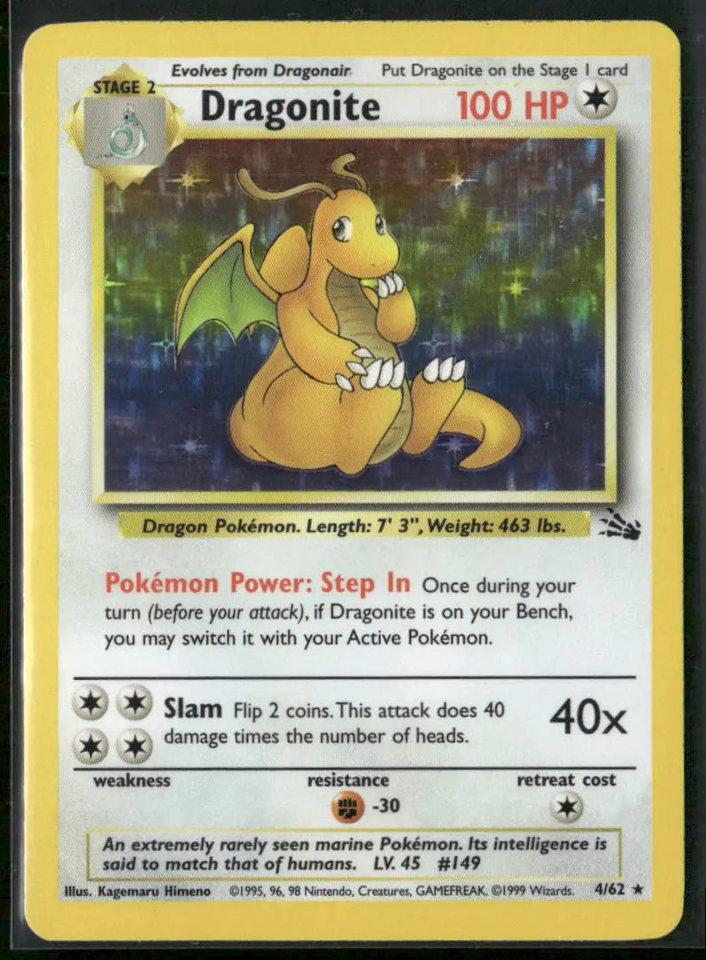 1999 Pokemon Fossil Unlimited Holofoil Dragonite 4/62 LP