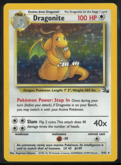 1999 Pokemon Fossil Unlimited Holofoil Rare Dragonite 4/62