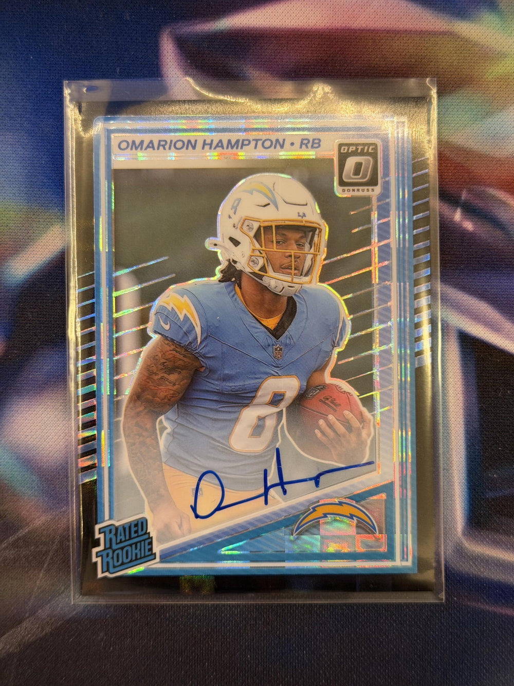 2025 NFL Panini Donruss Optic - Omarion Hampton Rated Rookie Auto Black Pandora Prizm Limited to /35 - Chargers - Raw Ungraded Card
