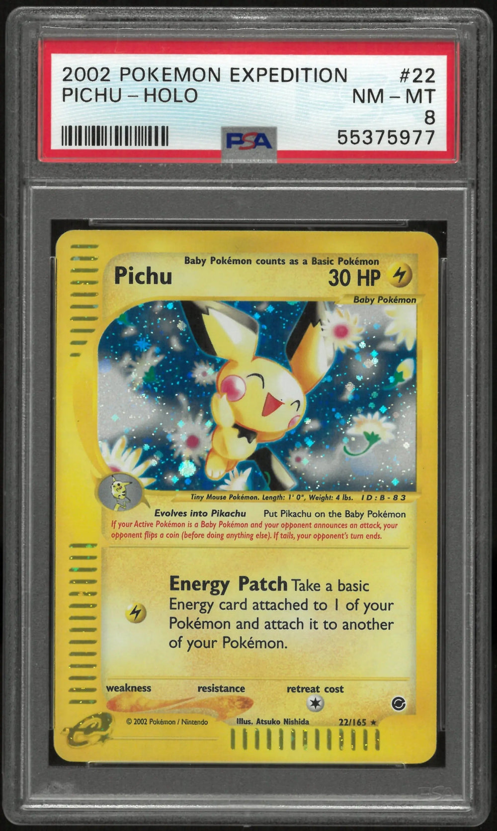2002 Pokemon Expedition Pichu Holo PSA 8 Swirl 22/165