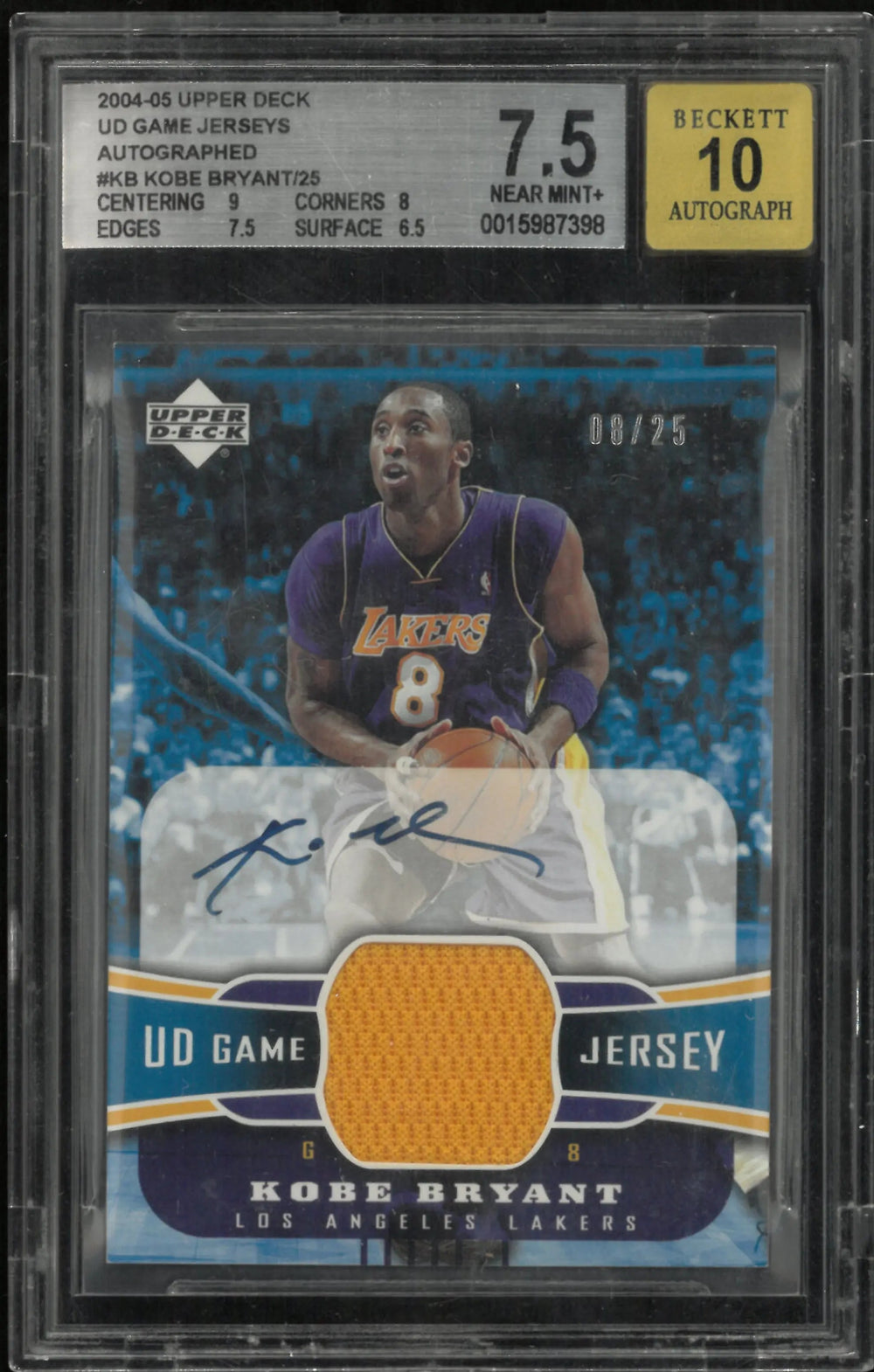 2004 Upper Deck UD Game Jersey Autograph Auto Kobe Bryant 8/25 BGS 7.5 Auto 10