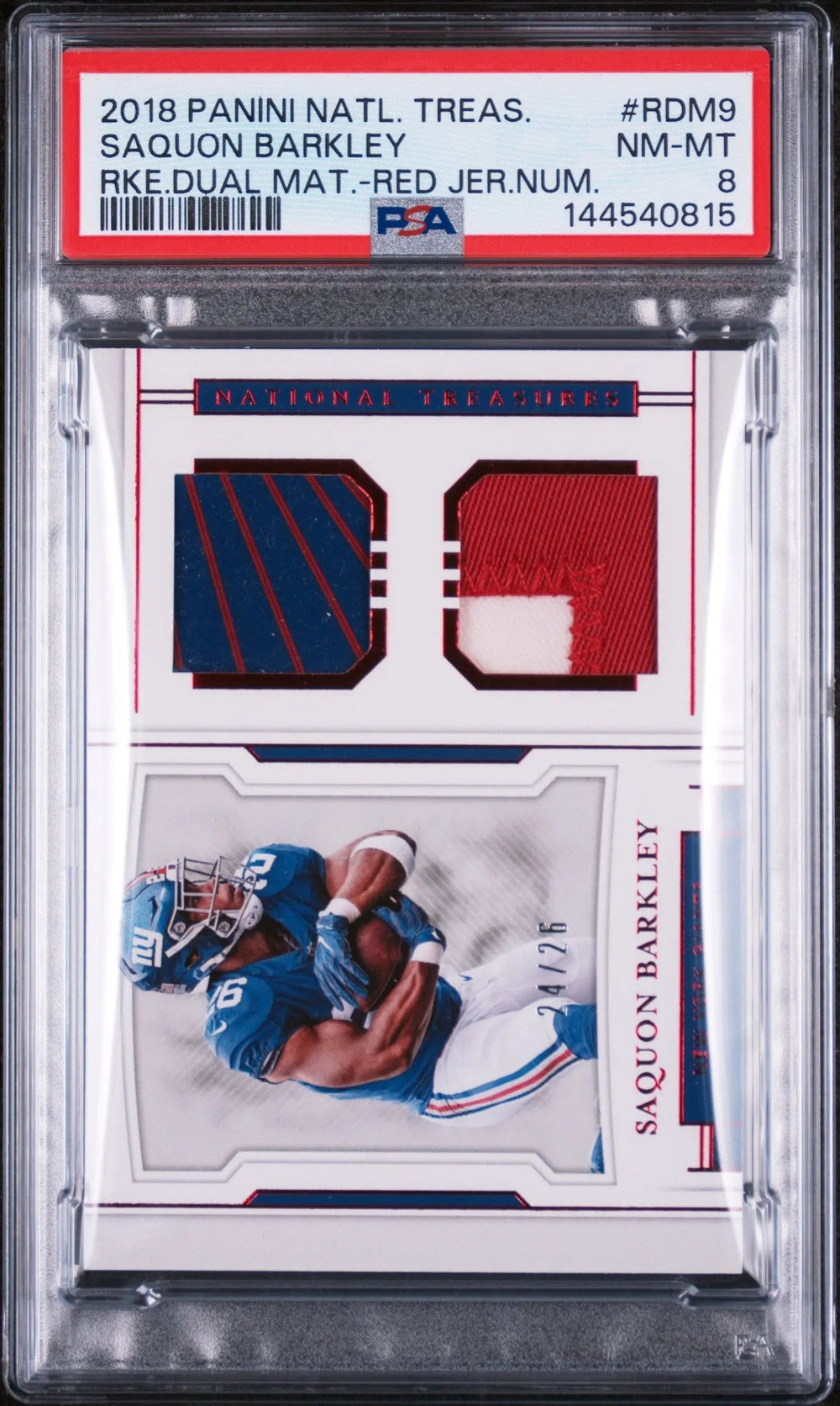 2018 Panini National Treasures Red Rookie Dual Material Saquon Barkley /26 PSA 8
