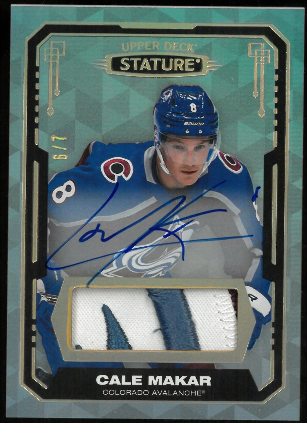 2021-22 UD Stature Hockey Cale Makar 3 Color Patch Auto /7