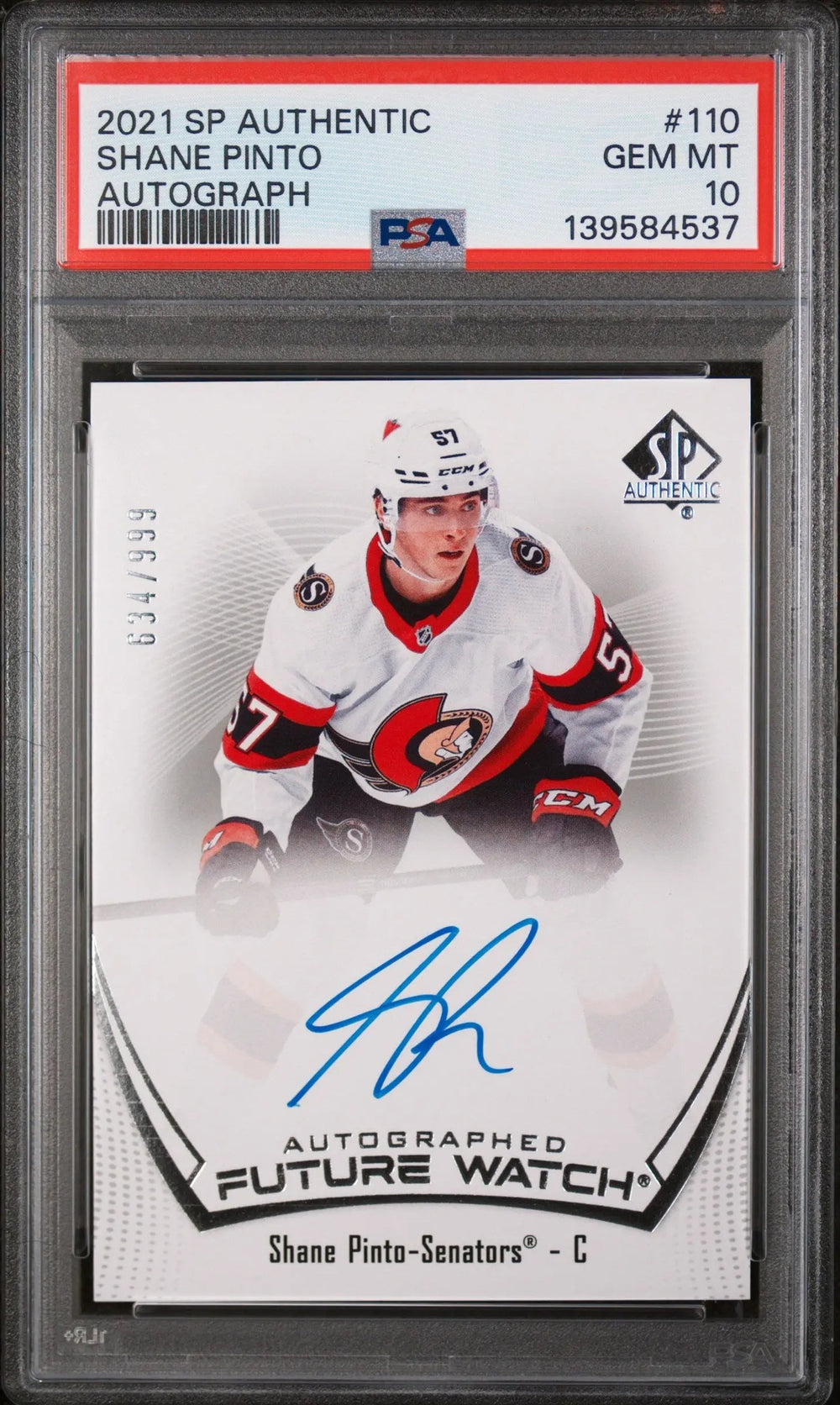 2021 UD SP Authentic Shane Pinto Future Watch Auto RC Rookie /999 PSA 10