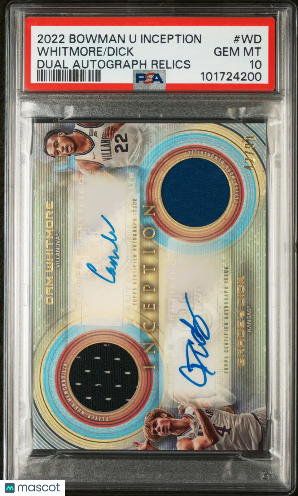 2022 Bowman University Inception Dual Autograph Relics Dick Whitmore PSA 10