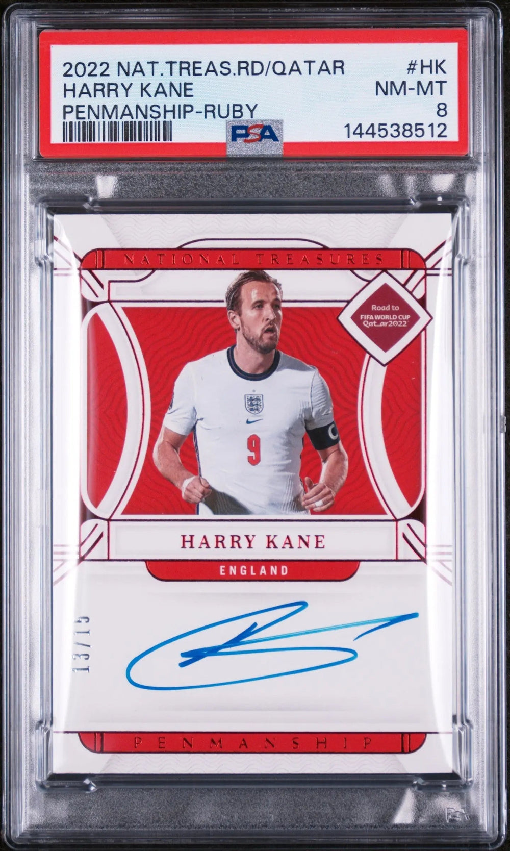 2022 Panini National Treasure FIFA RTQ Ruby Penmanship Auto Harry Kane /15 PSA 8