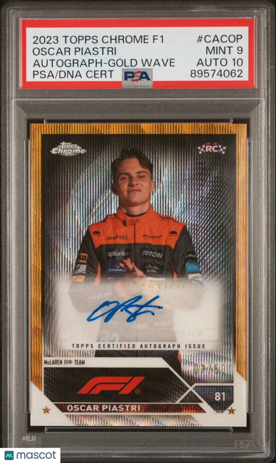 2023 Topps Chrome F1 Chrome Autograph Oscar Piastri Gold Wave /50 PSA 9 Auto 10