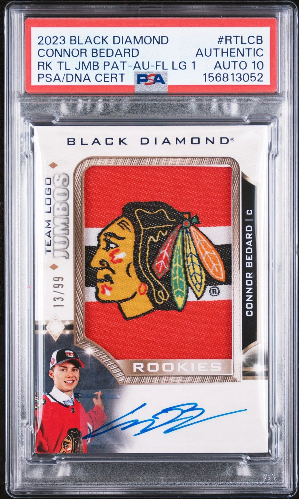 2023 UD Black Diamond RC Team Logo Patch Auto Connor Bedard /99 PSA Authentic