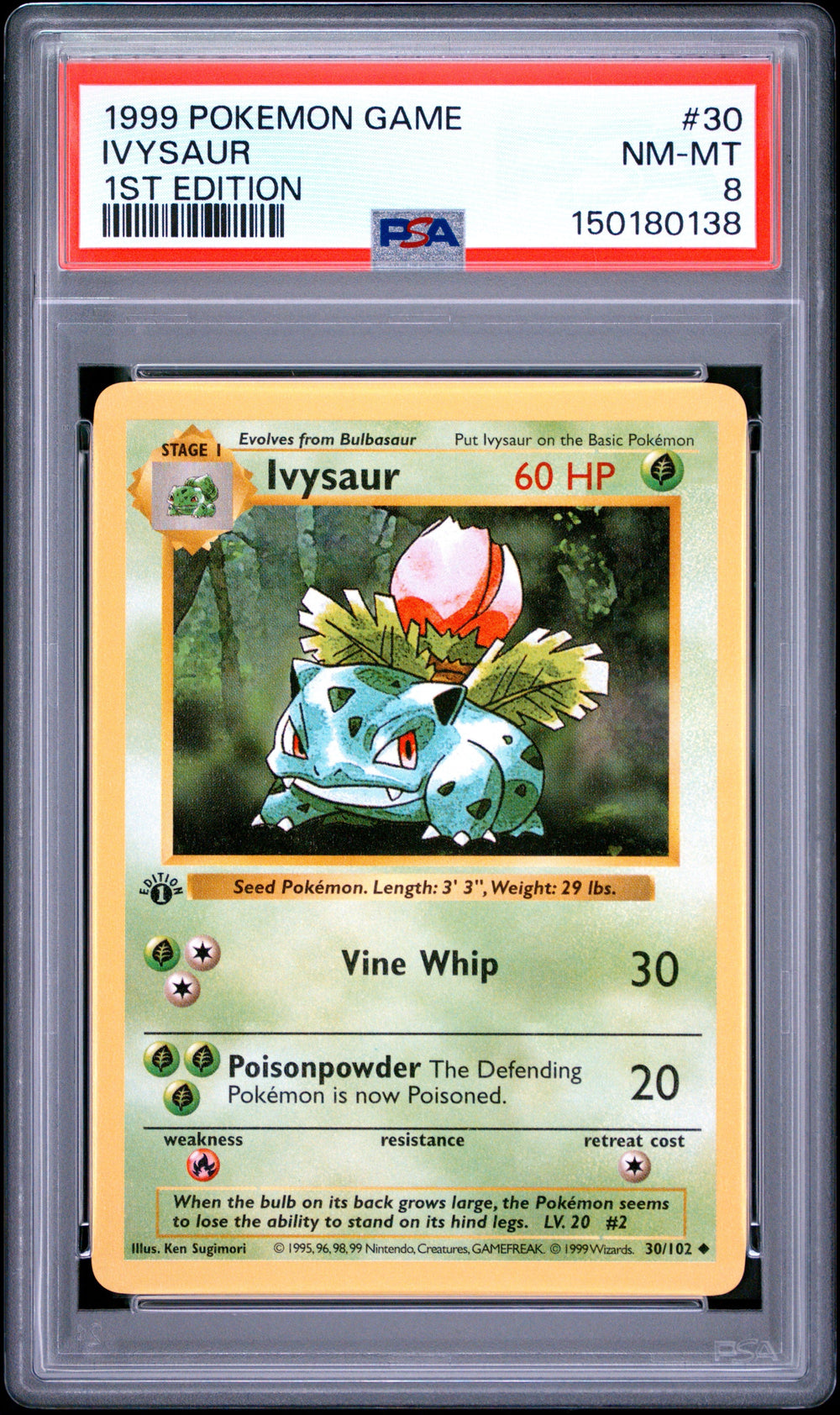 Ivysaur 1st Edition PSA 8 1999 Pokemon Base Set Shadowless #30