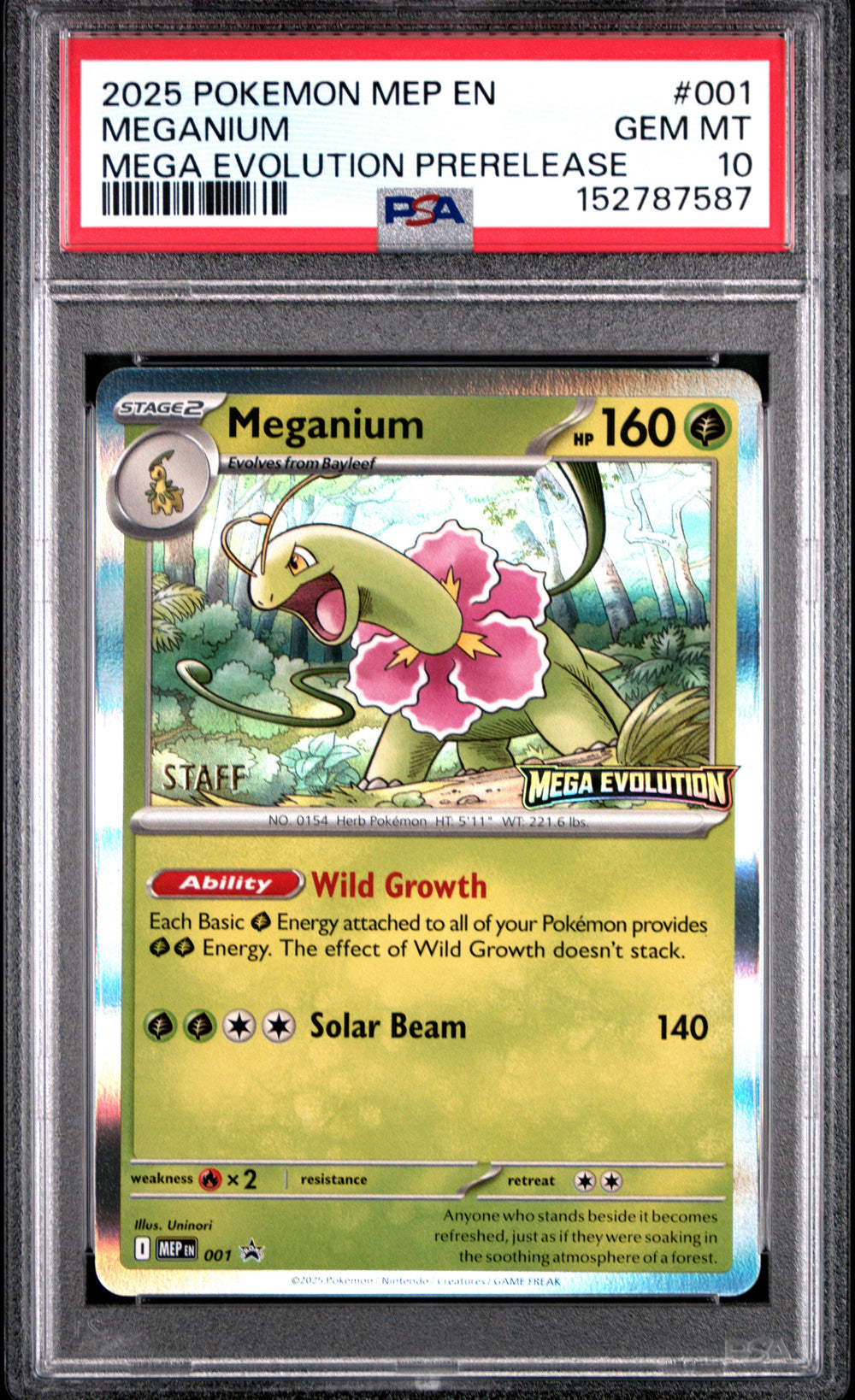 Meganium STAFF Prerelease PSA 10 2025 Pokemon Mep En-Me Black Star Promo #001