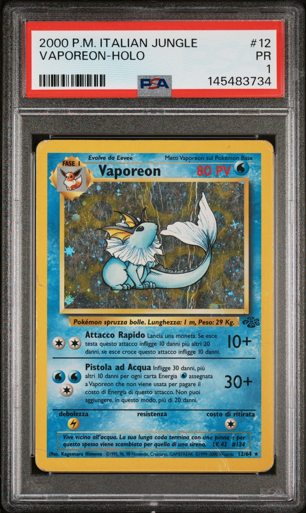 Vaporeon Holo PSA 1 2000 Pokemon Italian Jungle #12 POP 5