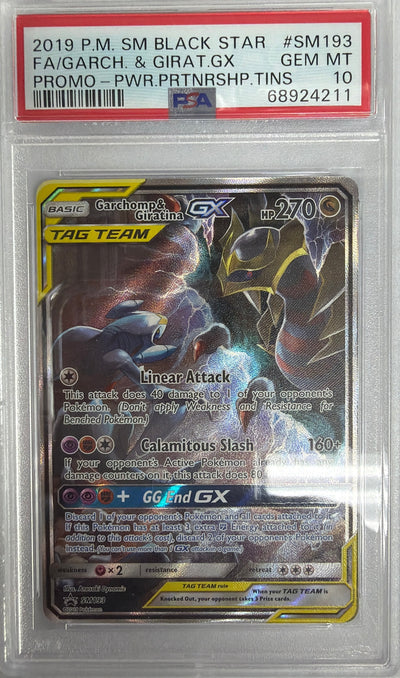2019 POKEMON SM BLACK STAR PROMO #SM193 FA/GARCH. & GIRAT.GX PROMO-PWR.PRTNRSHP.TINS PSA 10
