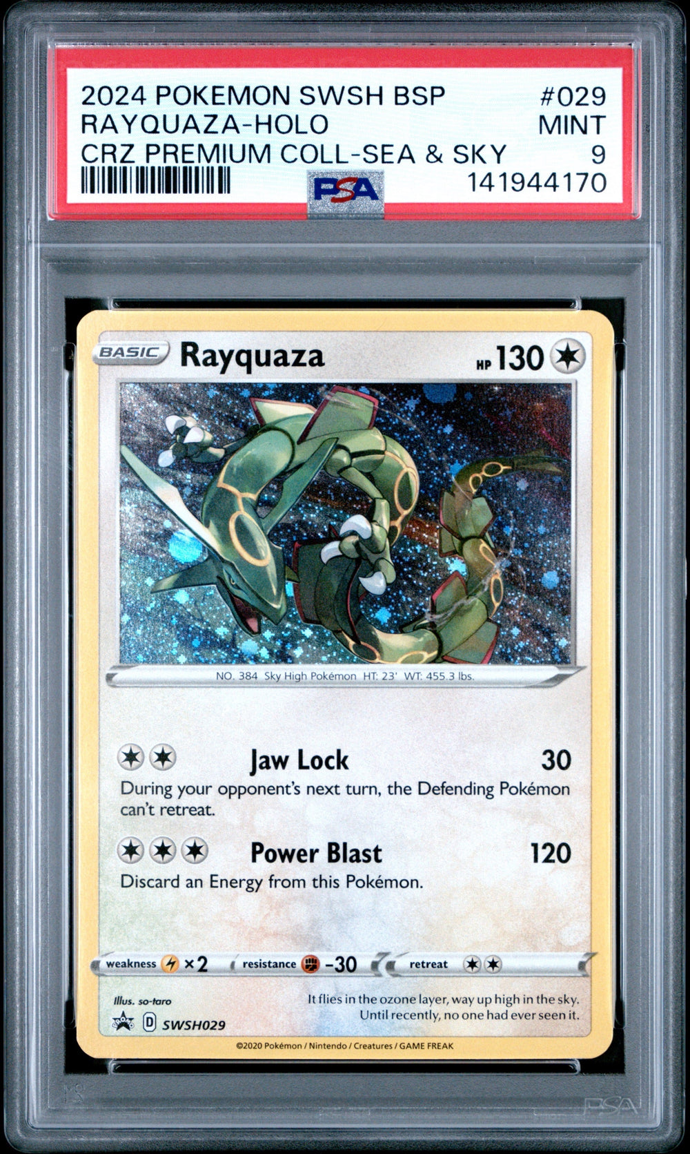 2024 POKEMON SWSH BLACK STAR PROMO #029 RAYQUAZA-HOLO CRZ PREMIUM COLL-SEA & SKY PSA 9