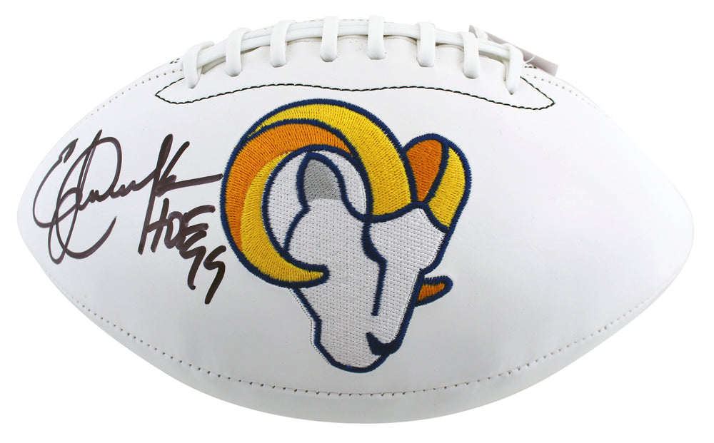 Rams Eric Dickerson "HOF 99" Signed White Panel Logo Football BAS Witnessed
