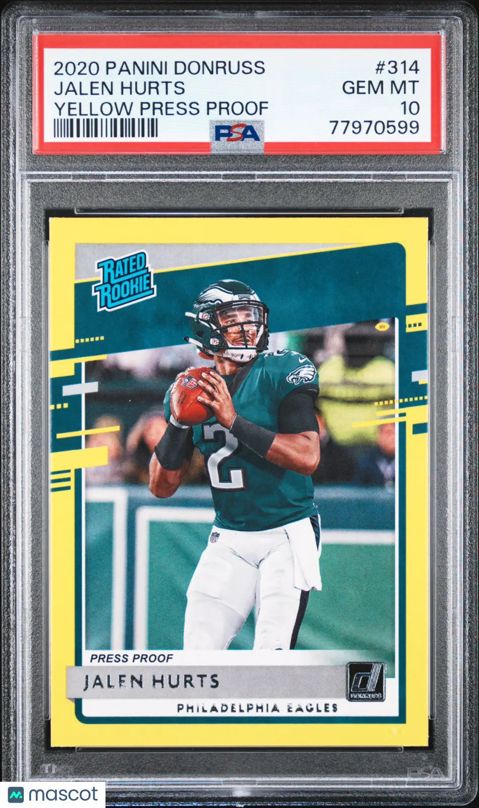 Jalen Hurts #314 Yellow Press Proof PSA 10 2020 Panini Donruss Rated Rookie RC