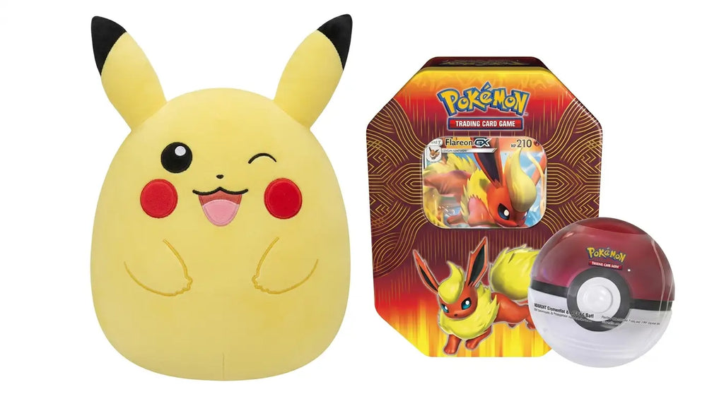 Pokemon TCG: Flareon-GX Elemental Power Flareon-GX Tin & Poké Ball Tin + 10" Winking Pikachu Squishmallow Bundle