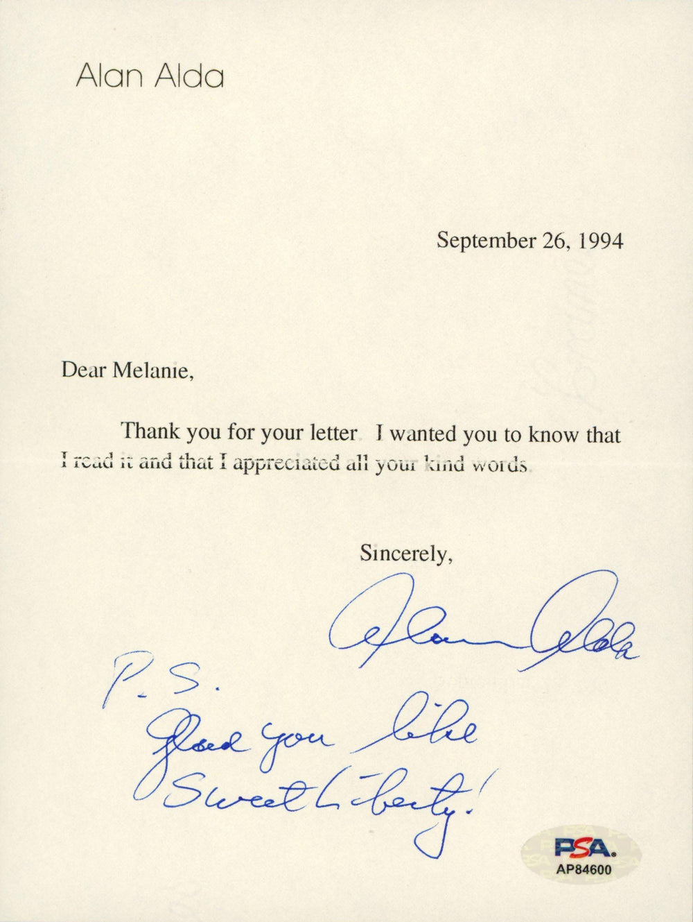 Alan Alda M*A*S*H Authentic Signed 5.75x7.75 Letter Autographed PSA/DNA #AP84600