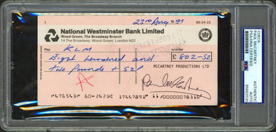Paul McCartney Signed 3.25x6.25 1971 McCartney Productions Ltd Check PSA Slabbed
