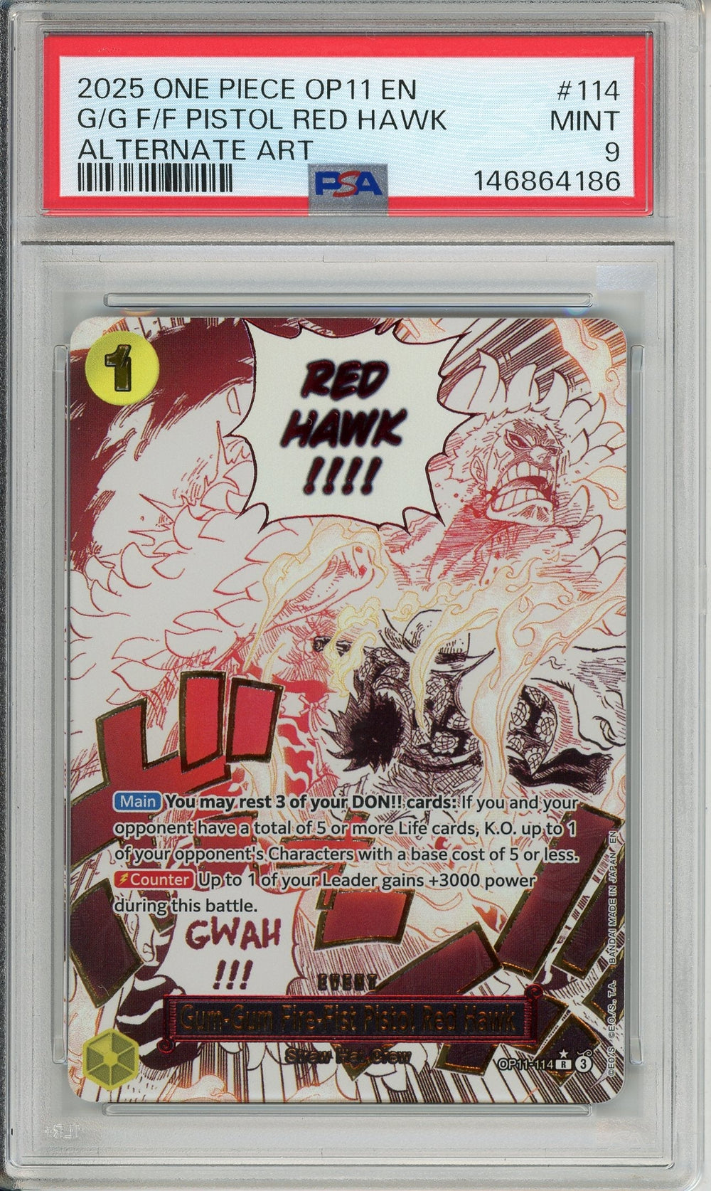 One Piece Graded: Gum-Gum Fire-Fist Pistol Red Hawk OP11-114 Fist of Divine Speed (2025) Alt Art PSA 9
