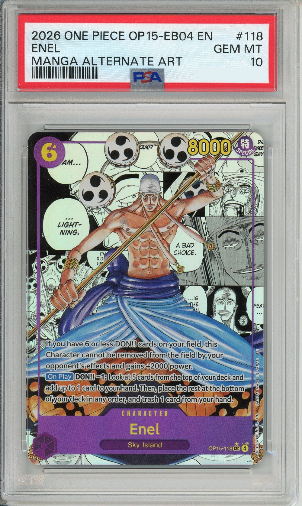 One Piece Graded: Enel OP15-118 Manga Alternate Art (2026) PSA 10