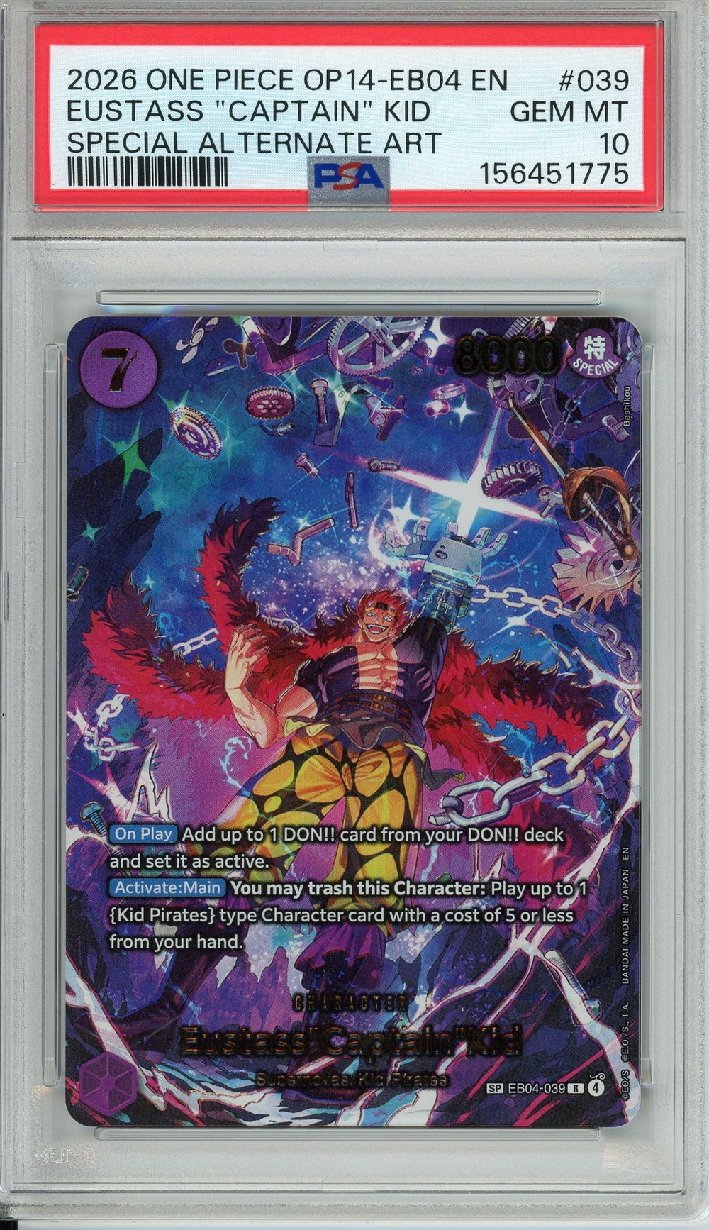 One Piece Graded: Eustass "Captain" Kid EB04-039 Special Alternate Art PSA 10