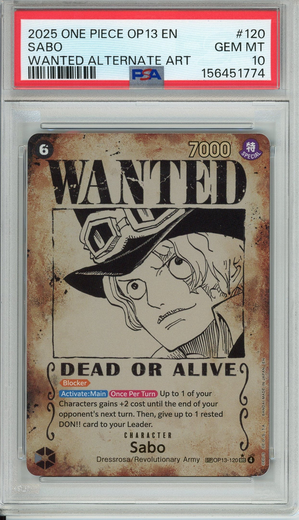 One Piece Graded: Sabo Wanted Poster OP13-120 Carrying On His Will PSA 10