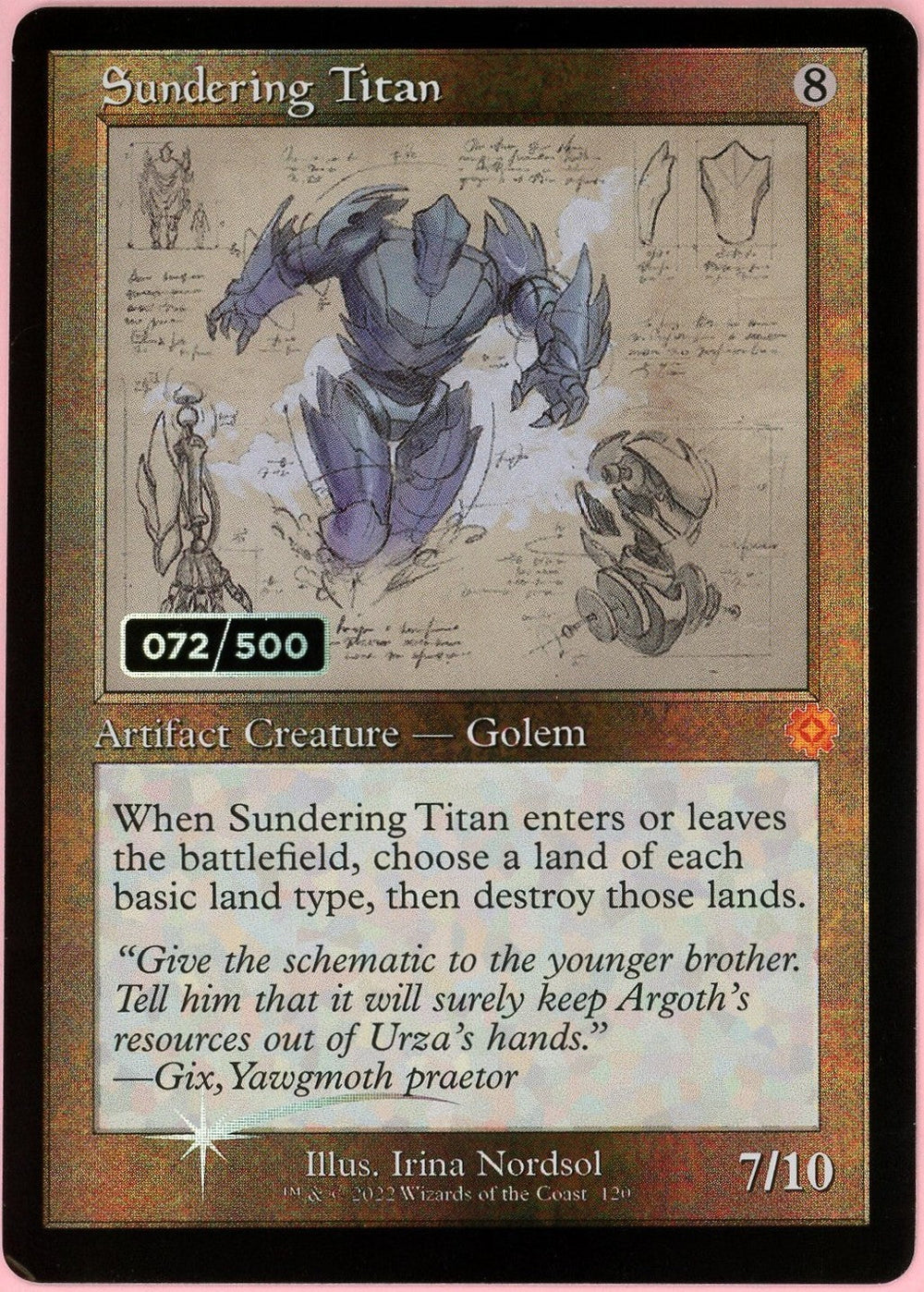 MTG Single: Sundering Titan Serialized 72/500 Brother's War Retro Artifacts NM