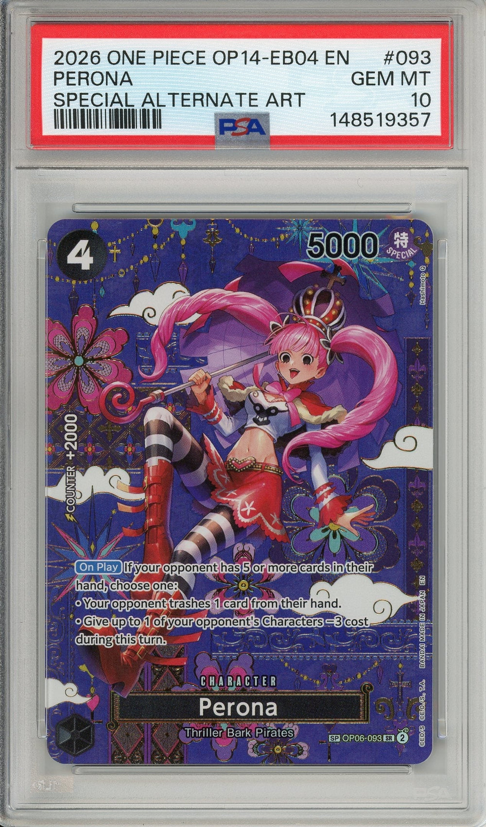 One Piece Graded: Perona Alt Art OP06-093 The Azure Sea's Seven PSA 10