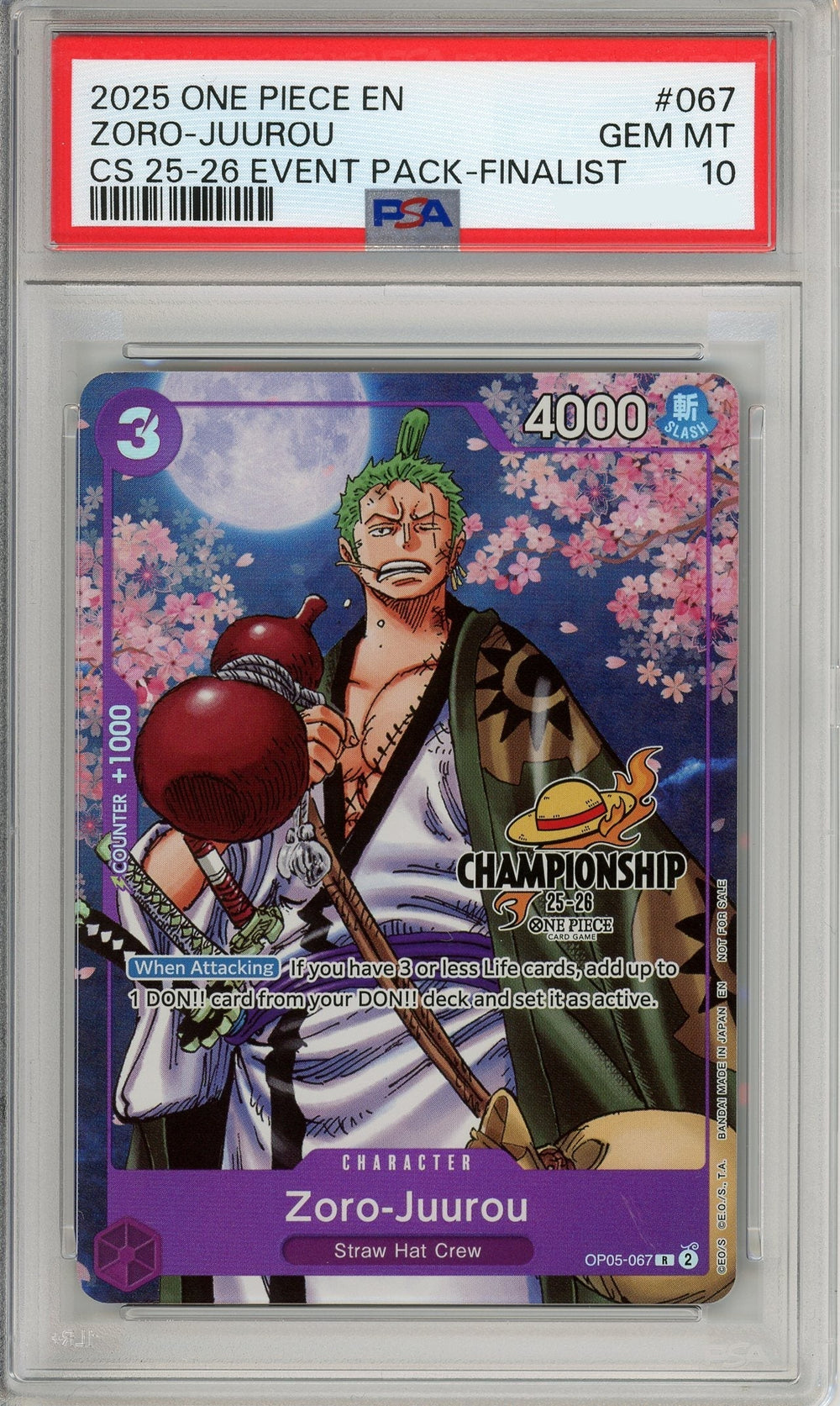 One Piece Graded: Zoro-Juurou OP05-067 Championship 25-26 Event Pack-Finalist PSA 10