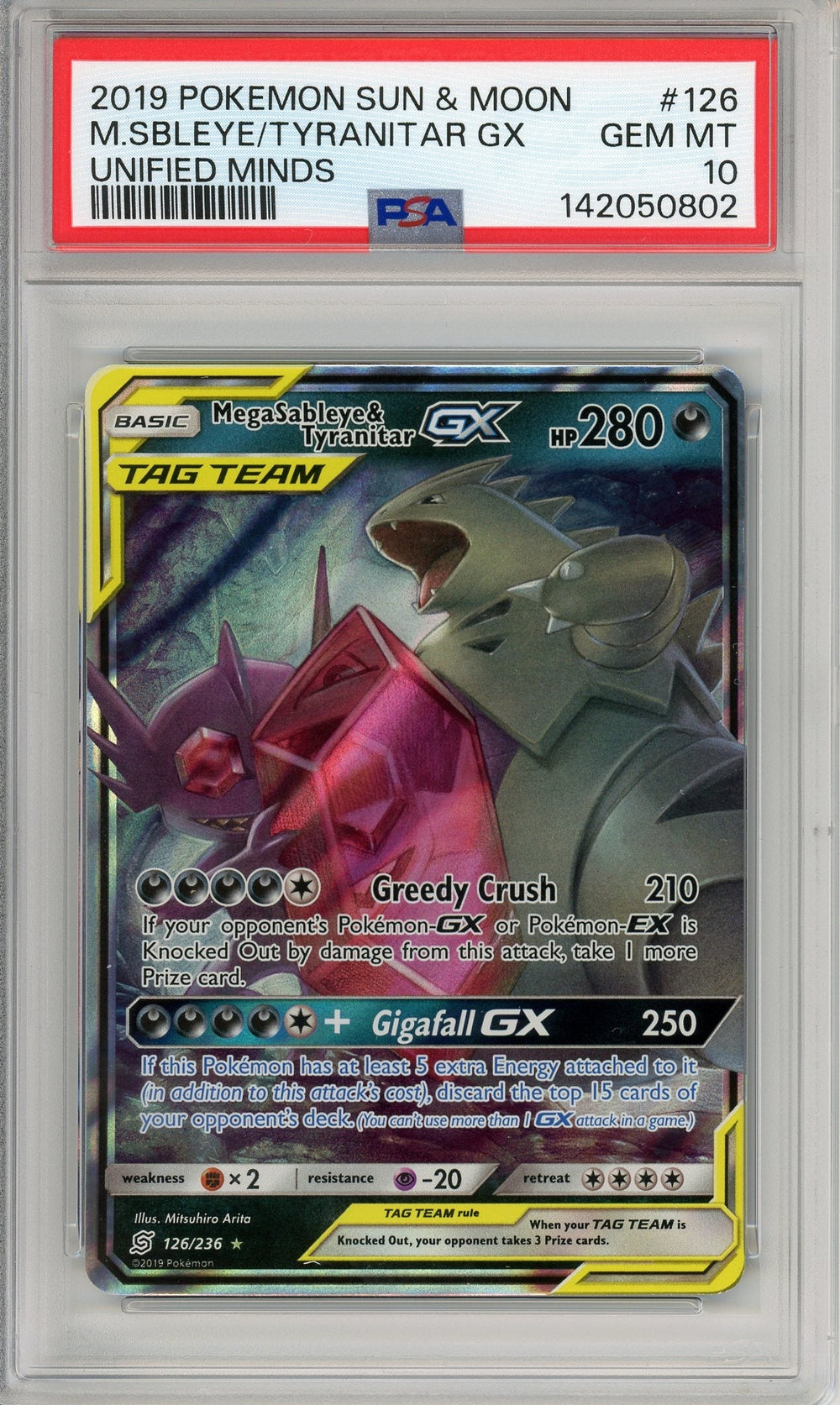 Pokemon Graded: Mega Sableye & Tyranitar GX 126/236 Inified Minds (2019) Holo PSA 10