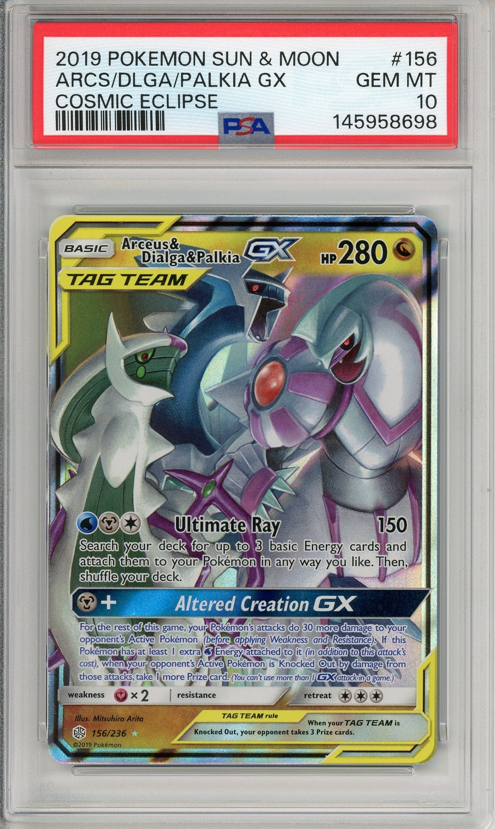 Pokemon Graded: Arceus & Dialga & Palkia GX 156/236 Cosmic Eclipse (2019) Holo PSA 10