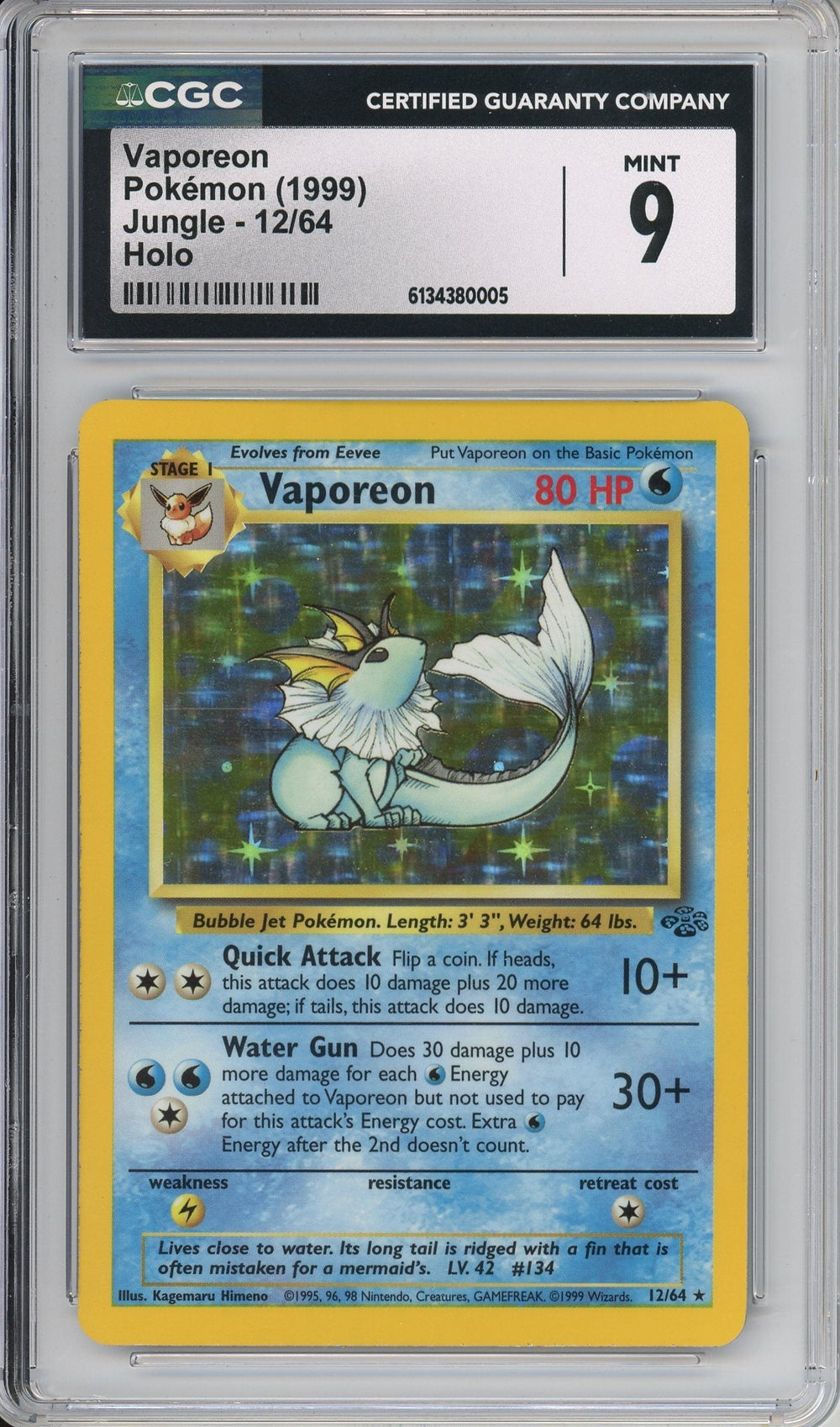 Pokemon Graded: Vaporeon 12/64 Jungle (1999) Holo CGC 9