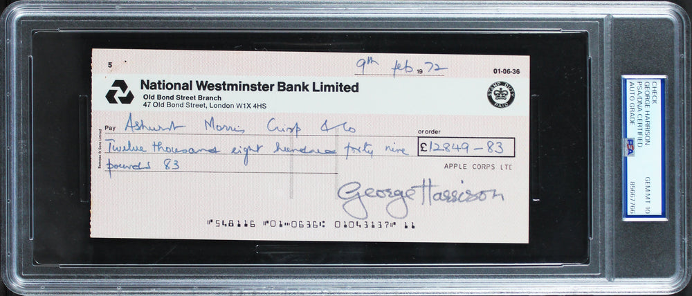 George Harrison The Beatles Signed 3.5x8 1972 Apple Corporation Auto 10 PSA Slab