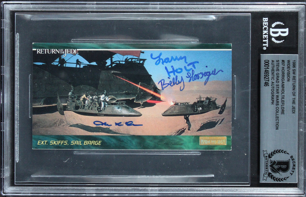(3) Horrigan, Holt +1 Signed 1996 Star Wars ROTJ Widevision #37 Card BAS Slabbed