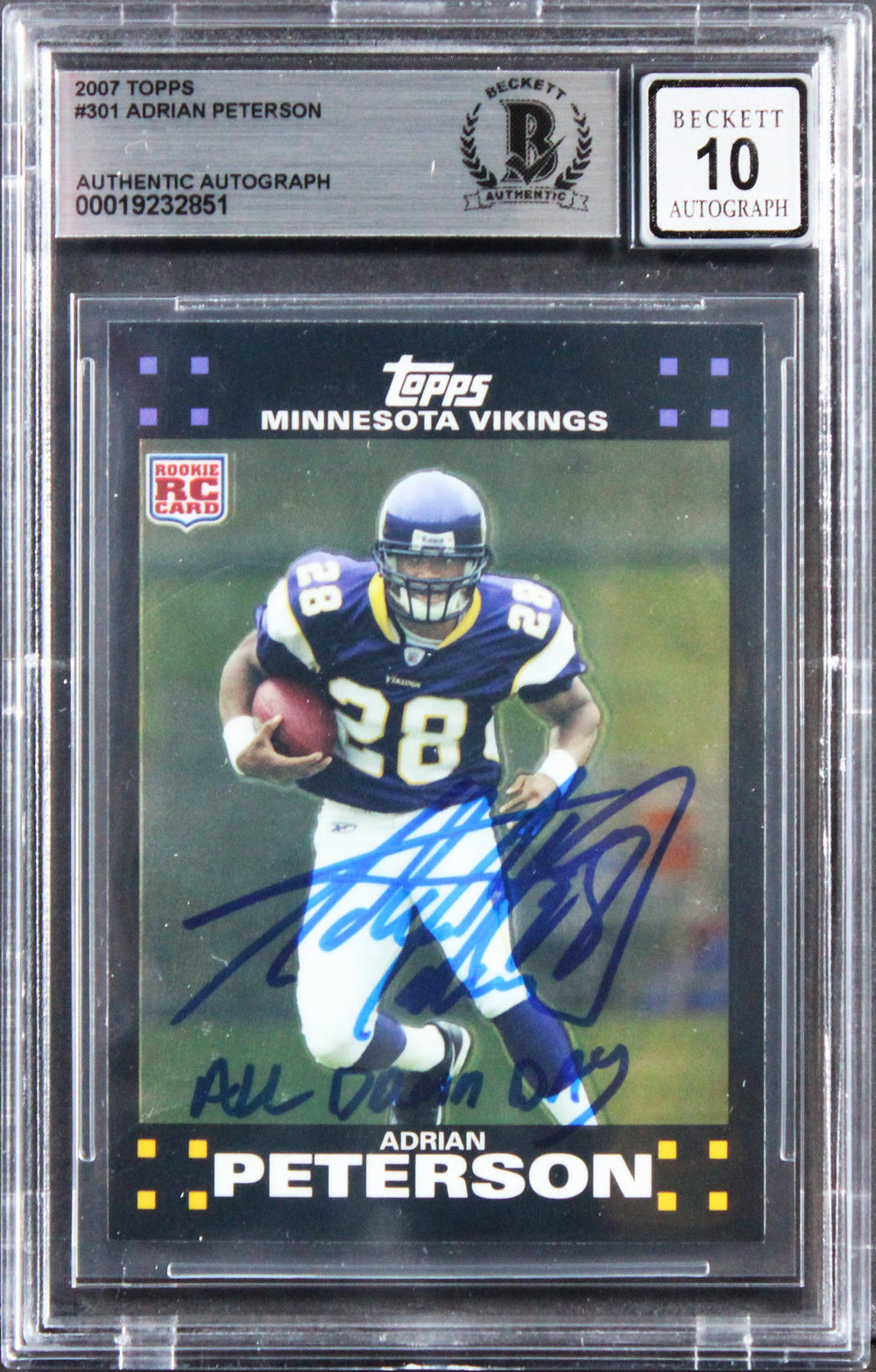 Vikings Adrian Peterson "ADD" Signed 2007 Topps #301 RC Card Auto 10! BAS Slab
