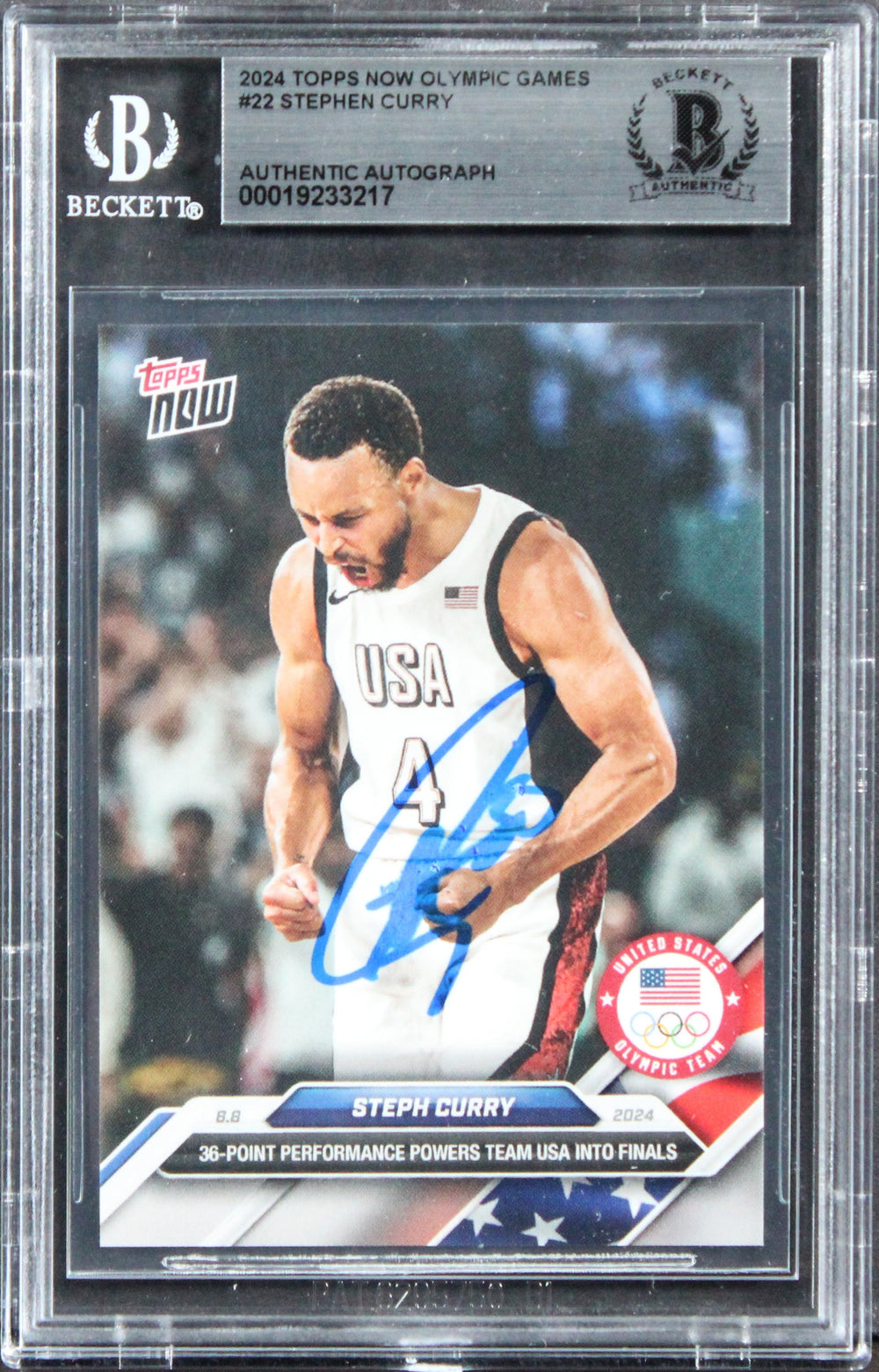 Warriors Stephen Curry Signed 2024 Topps Now Olympic Games #22 Card BAS Slabbed
