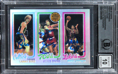 Bird/Erving/Magic Signed 1996 Topps Finest Refractors #22 Card Auto 10 BAS Slab