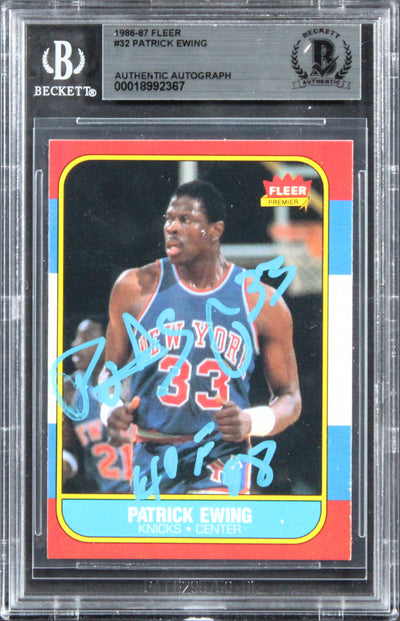 Knicks Patrick Ewing "HOF 08" Authentic Signed 1986 Fleer #32 Card BAS Slabbed