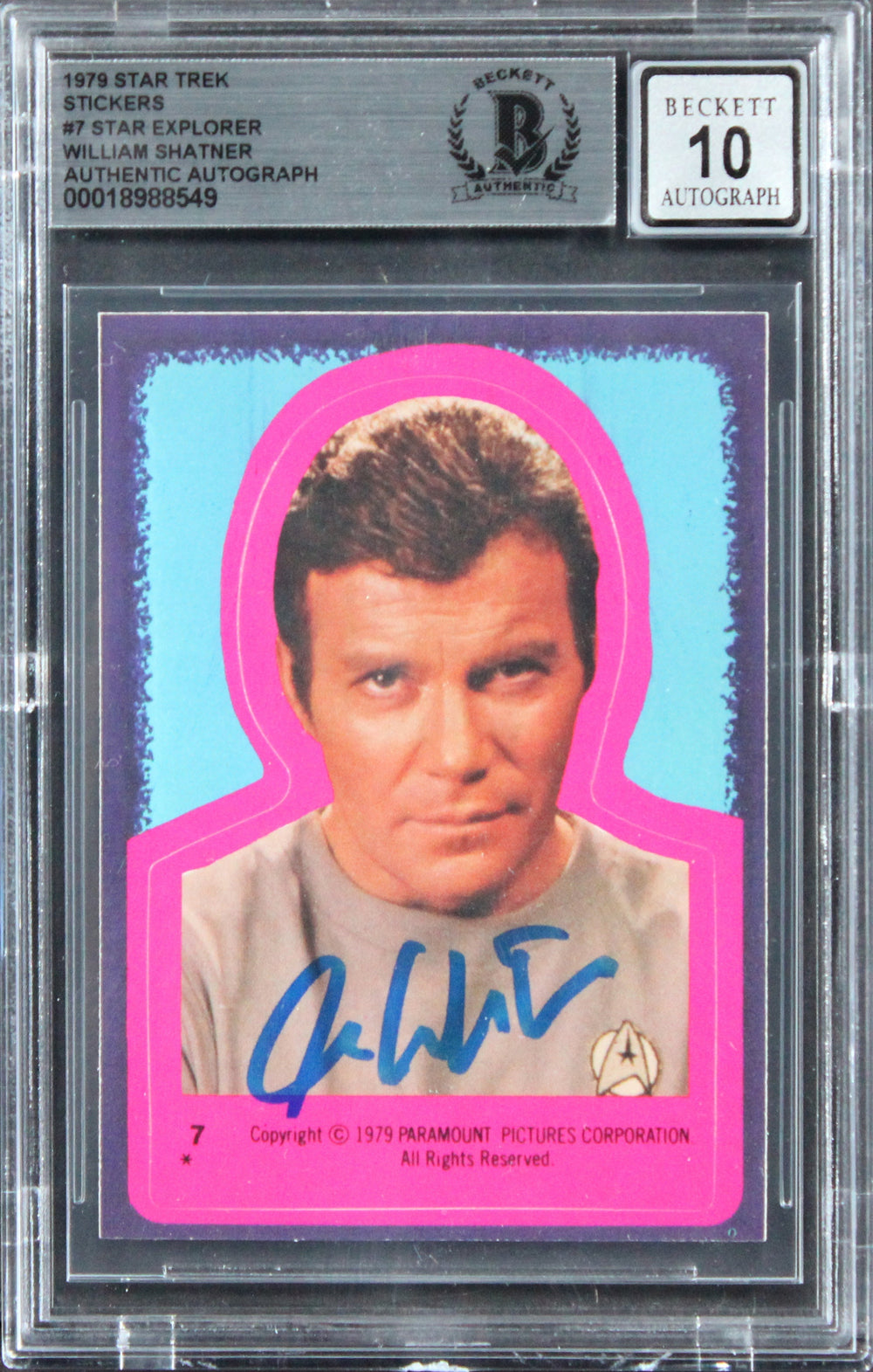 William Shatner Signed 1979 Star Trek Stickers #7 Card Auto Mint 10! BAS Slabbed