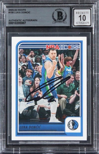 Mavericks Luka Doncic Signed 2023 Hoops #158 Card Auto Grade GM 10! BAS Slabbed