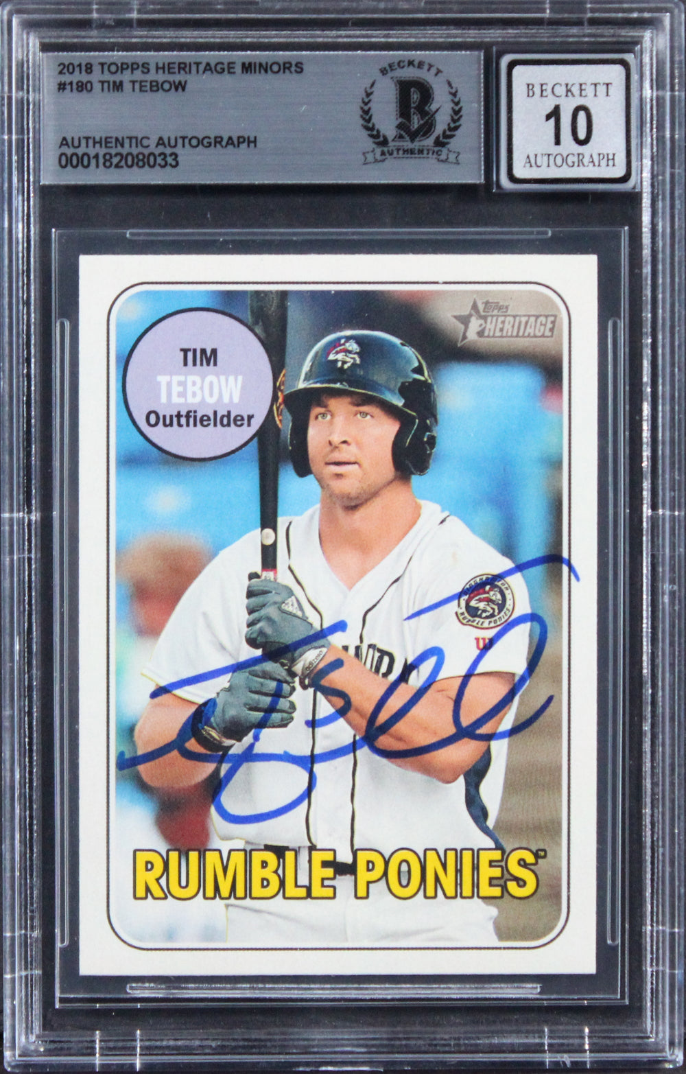 Mets Tim Tebow Signed 2018 Topps Heritage Minors #180 RC Card Auto 10! BAS Slab