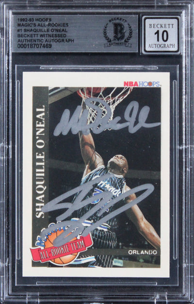 Shaq & Magic Signed 1992 Hoops Magic's All-Rookies #1 RC Card Auto 10! BAS Slab