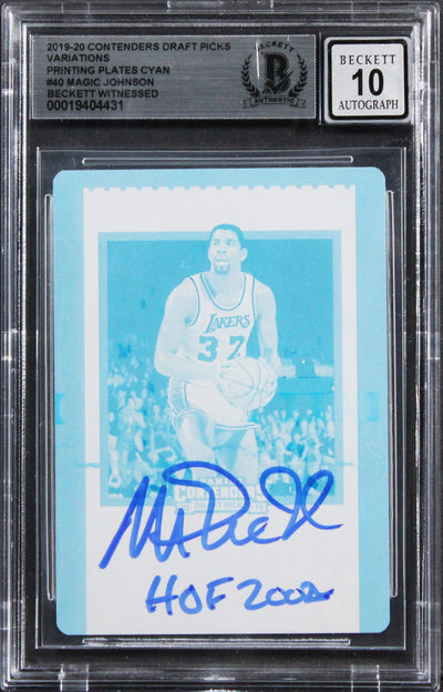 Magic Johnson HOF 2002 Signed 2019 Panini PP Cyan #40 1/1 Card Auto 10 BAS Slab