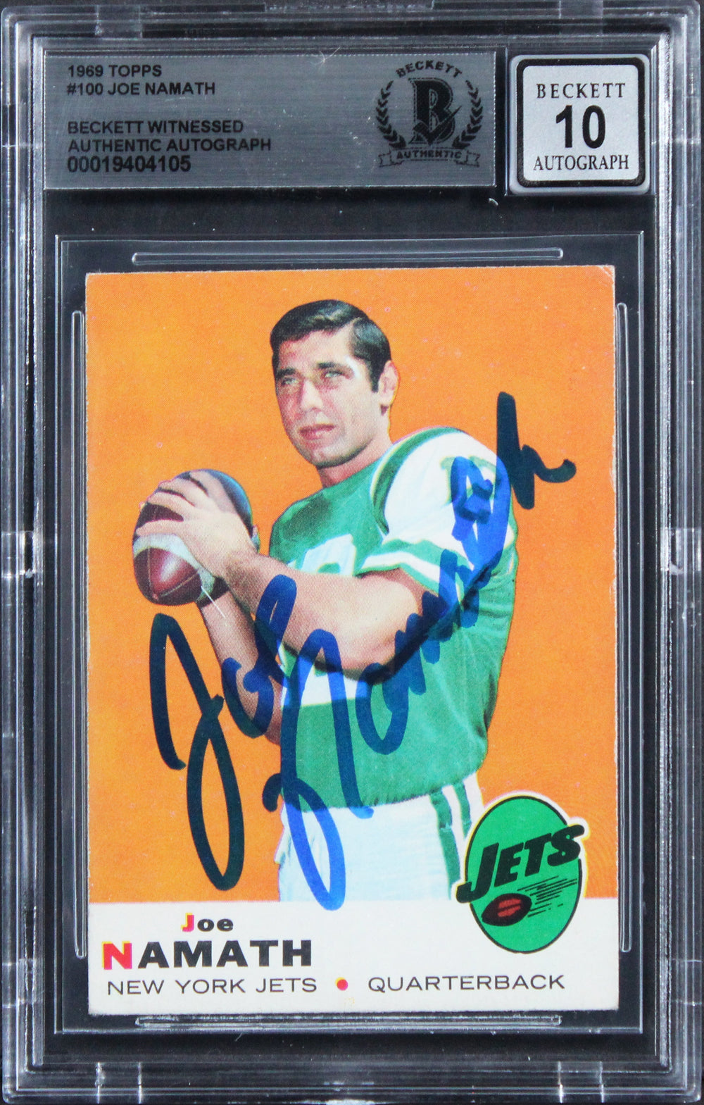 Jets Joe Namath Authentic Signed 1969 Topps #100 Card Auto 10! BAS Slabbed 1