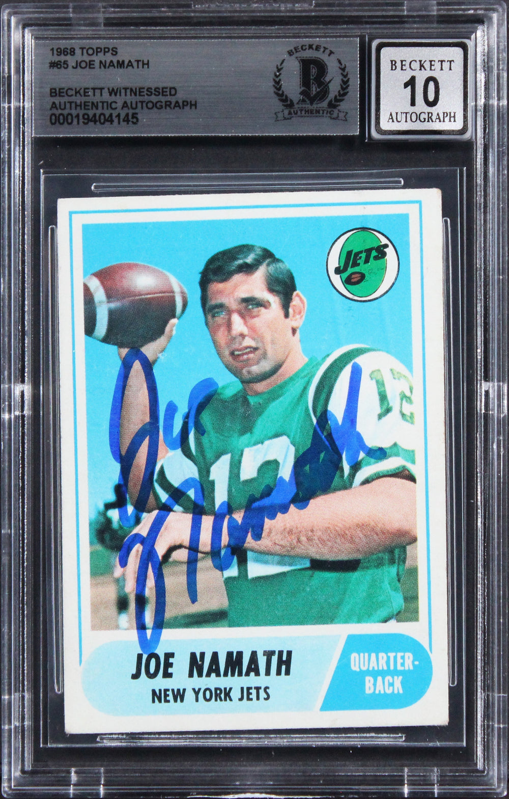 Jets Joe Namath Authentic Signed 1968 Topps #65 Card Auto 10! BAS Slabbed 1