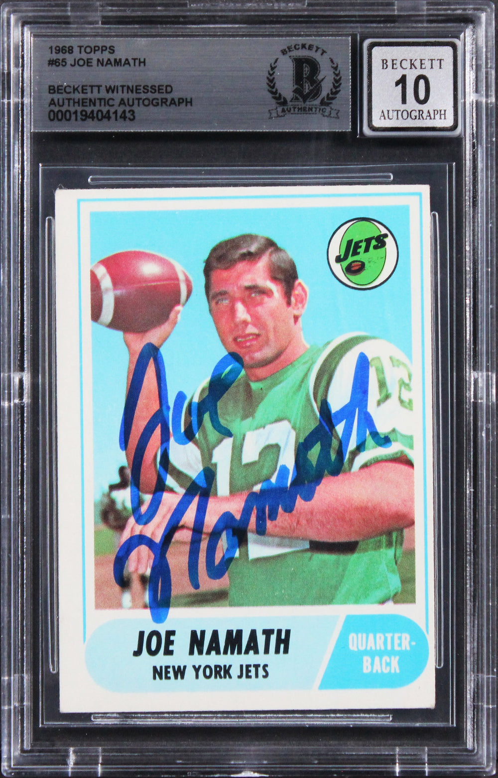 Jets Joe Namath Authentic Signed 1968 Topps #65 Card Auto 10! BAS Slabbed 2