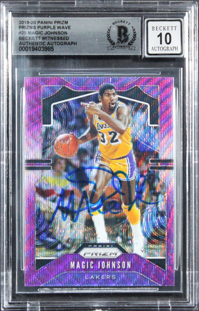 Magic Johnson Signed 2019 Panini Prizm Purple Wave 325 Card Auto 10! BAS Slabbed