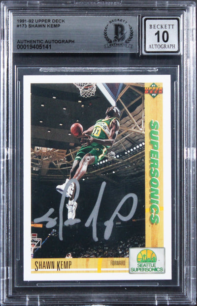Sonics Shawn Kemp Signed 1991 Upper Deck #173 Card Auto Grade 10! BAS Slabbed