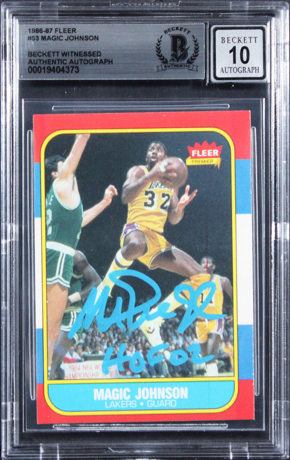 Lakers Magic Johnson "HOF 02" Signed 1986 Fleer #53 Card Auto 10! BAS Slabbed 4